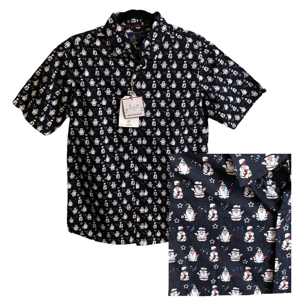 RUGBY CHRISTMAS SHIRT Men's Size M Gnome Navy White Red Holiday Short Sleeve